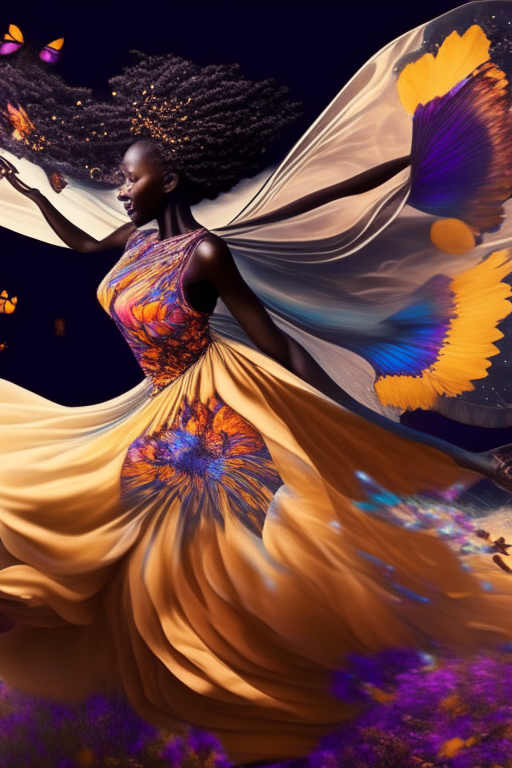 Dancing African Woman, butterflies and flowers flowing out of her gown, swirling background, on a swirling field , 20 seconds video