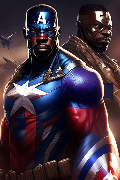 Create an African Male Super Hero Similar to Captain America. His name should be captain Africa. With several Villains at the background 