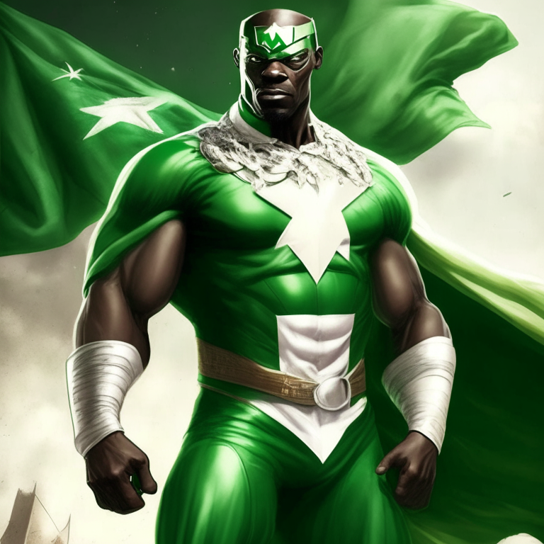 Create a superhero similar to captain Africa with green and white outfit. With several villains at the background. His name is captain nigeria 