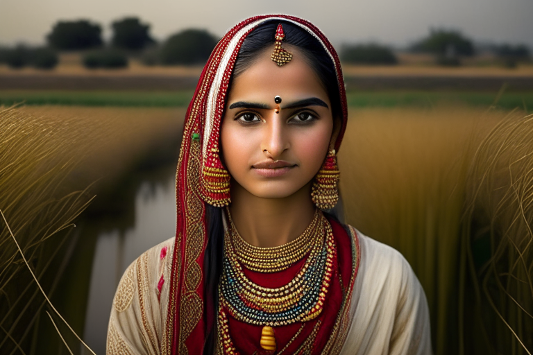 A girl from Punjab Pakistan standing in rice fields, wearing traditional Punjabi jewelry