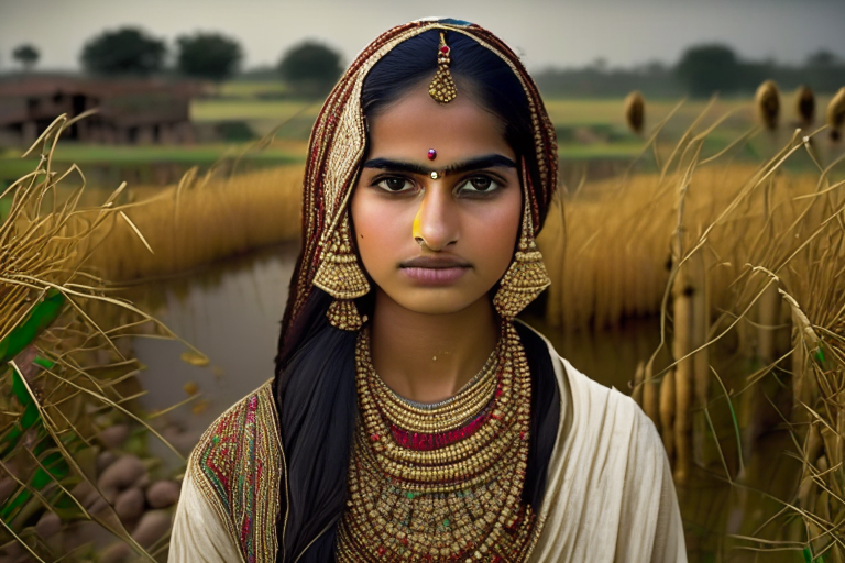 A girl from Punjab Pakistan standing in rice fields, wearing modern jewelry