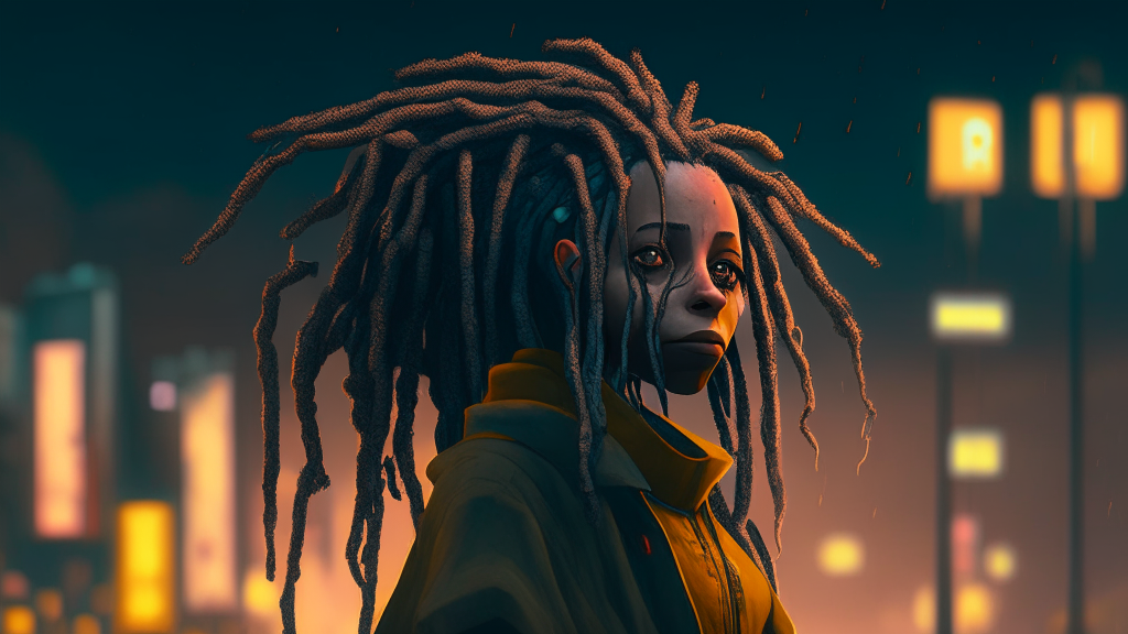 woman with dreadlocks standing on the background of the night city, character portrait by simon stdlenhag, 
trends on artstation, autodestructive art, small character. unreal engine 5, close-up character, made in unreal engine 5