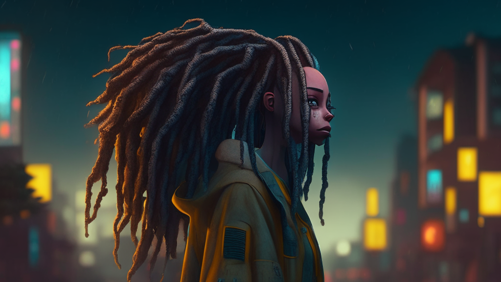 woman with dreadlocks standing on the background of the night city, character portrait by simon stdlenhag, 
trends on artstation, autodestructive art, small character. unreal engine 5, close-up character, made in unreal engine 5