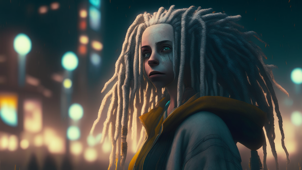 White woman with dreadlocks standing in the background of a night city, character portrait based on Simon Stdlenhag, trends on artstation, autodestructive art, small character. unreal engine 5, close-up character, made in unreal engine 5