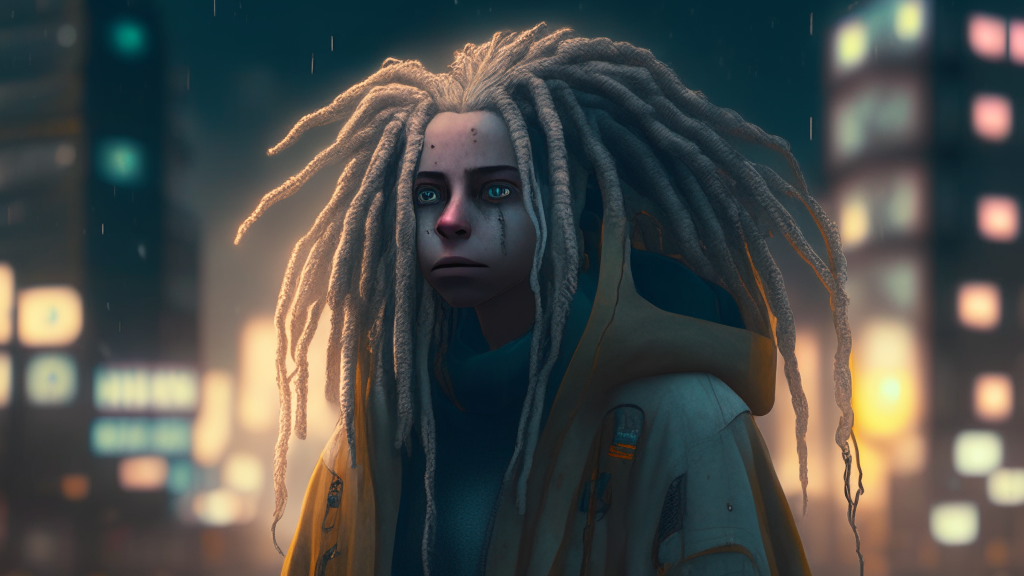 White woman with dreadlocks standing in the background of a night city, character portrait based on Simon Stdlenhag, trends on artstation, autodestructive art, small character. unreal engine 5, close-up character, made in unreal engine 5