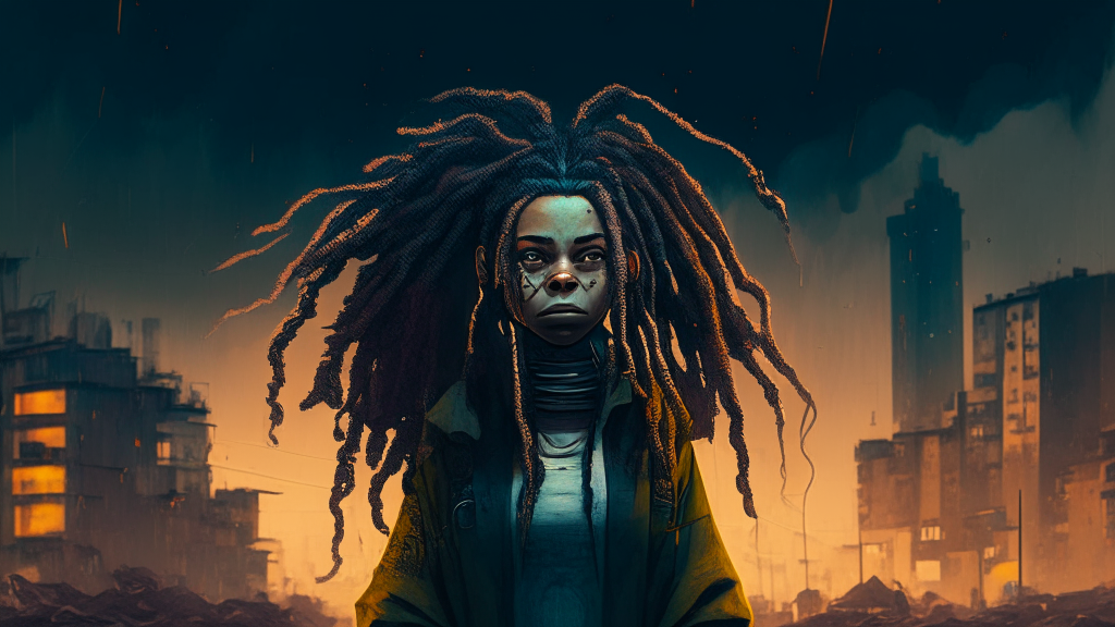 woman with dreadlocks standing on the background of the night city, character portrait 
auto-destructive art, small character, 
a face based on Simon Stdlenhag, 
battle angel, with fully detailed