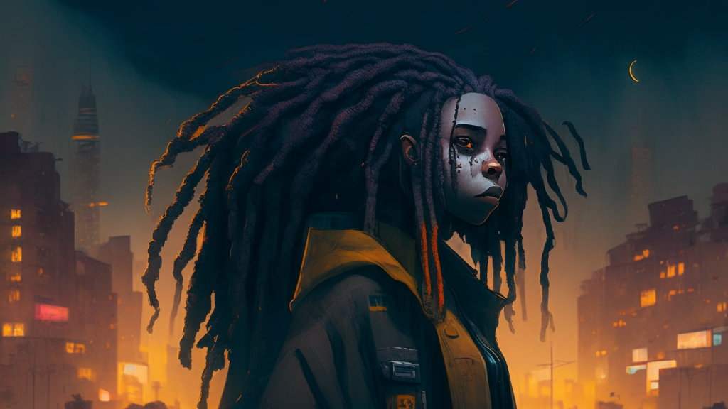 woman with dreadlocks standing on the background of the night city, character portrait 
auto-destructive art, small character, 
a face based on Simon Stdlenhag, 
battle angel, with fully detailed