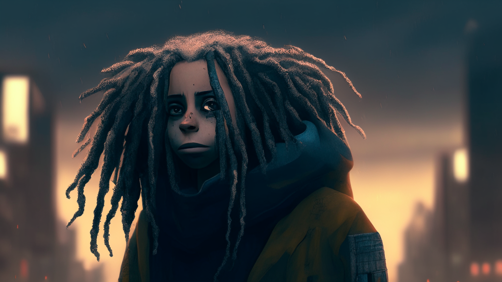 woman with dreadlocks standing on the background of the night city, character portrait 
auto-destructive art, small character, 
a face based on Simon Stdlenhag, 
battle angel, with fully detailed