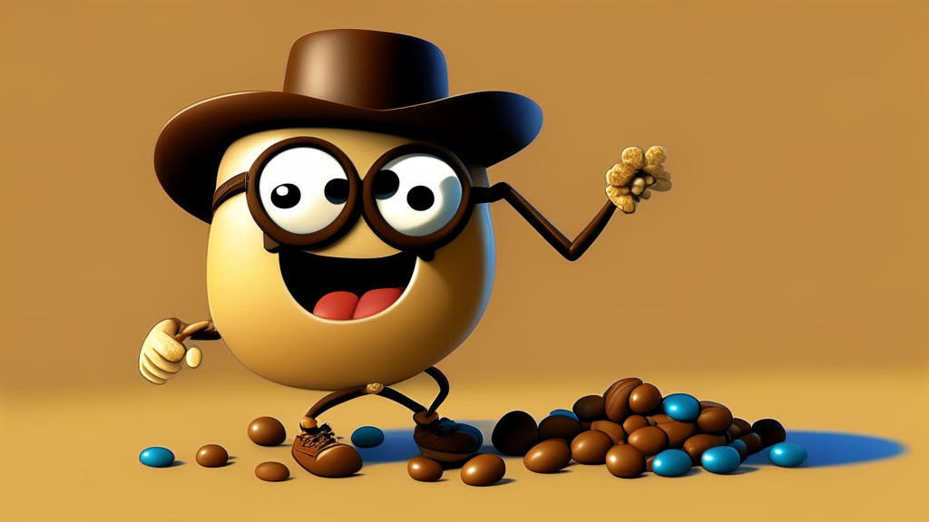 cartoon character wearing a cylinder and glasses, character wearing a hat, haggis-based character, Toonix character, absurdist swirly blob in a dress, M & M mascot, cartoon character, anthropomorphic character, cereal mascot, Pudenda, Mrs. Bean, dancing character, wearing a monocle, Caracter in a brown hat