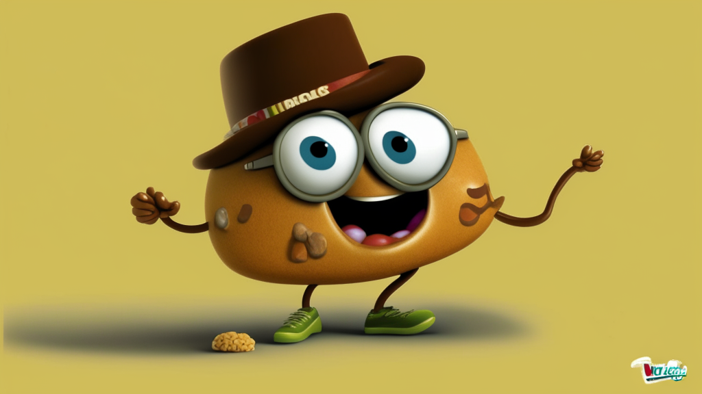 cartoon character wearing a cylinder and glasses, character wearing a hat, haggis-based character, Toonix character, absurdist swirly blob in a dress, M & M mascot, cartoon character, anthropomorphic character, cereal mascot, Pudenda, Mrs. Bean, dancing character, wearing a monocle, Caracter in a brown hat