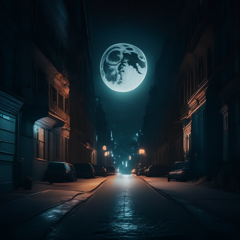 A very dangerous looking street, night time, 8k digital, moon setting location