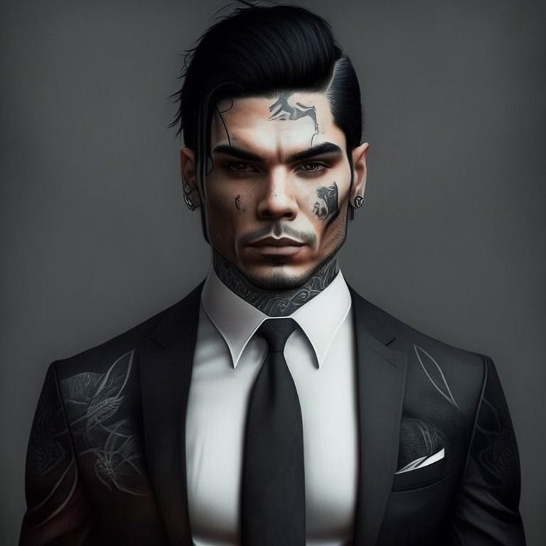 create a black hair man with tattoos on his face and a suit