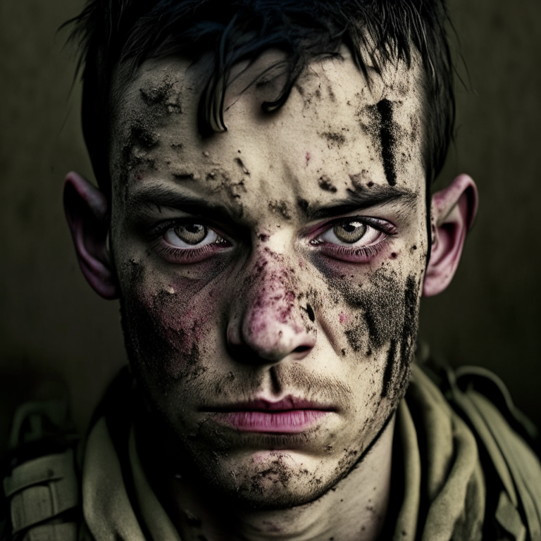 a soldier with scars and dirty looking staring at a camera