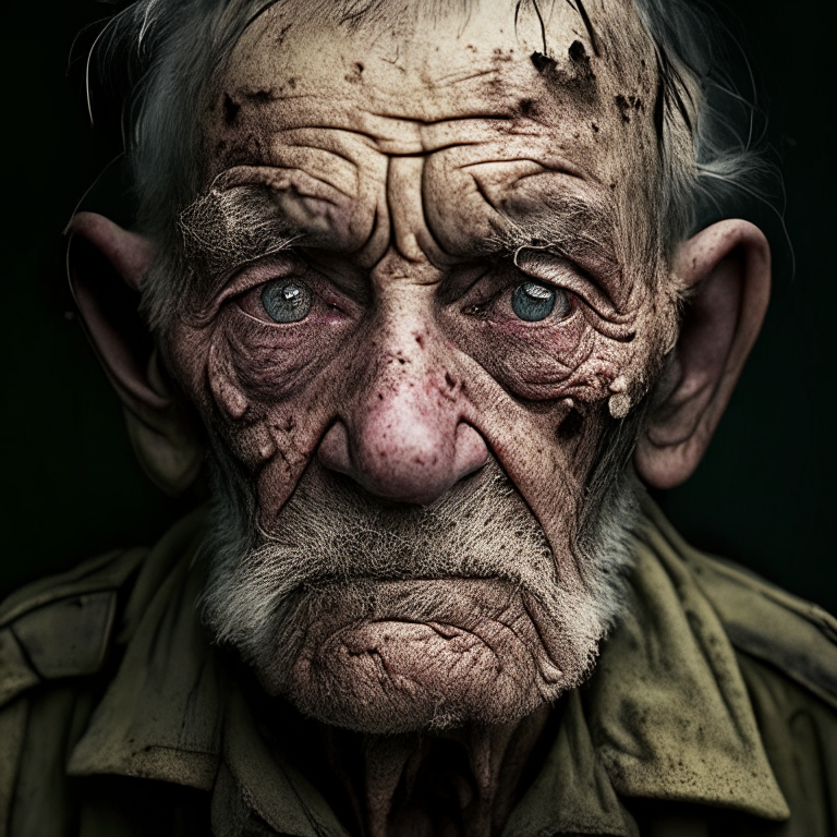 a old soldier with scars and dirty looking staring at a camera