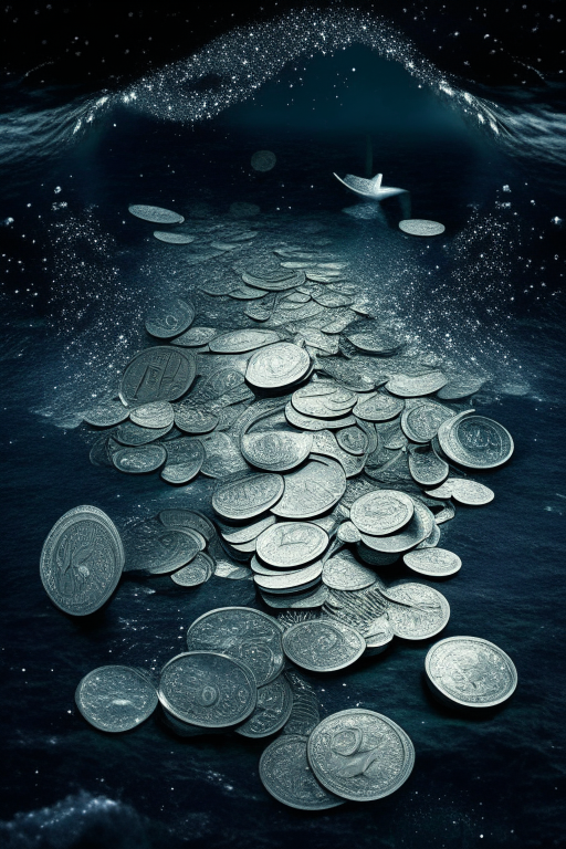 many silver coins in the sea and a universe of constellations