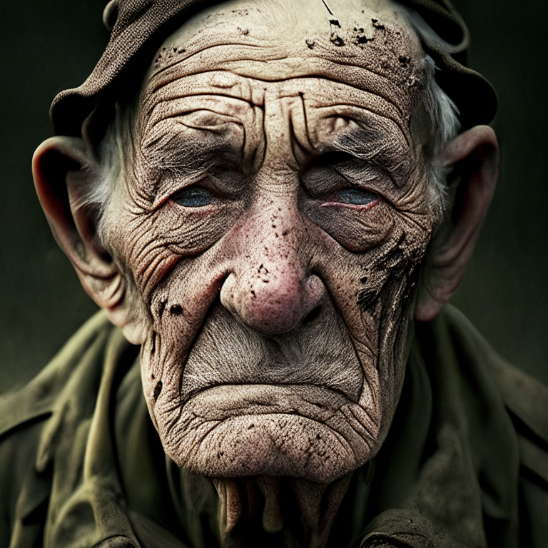 old soldier with wrinkles and mud on face ai