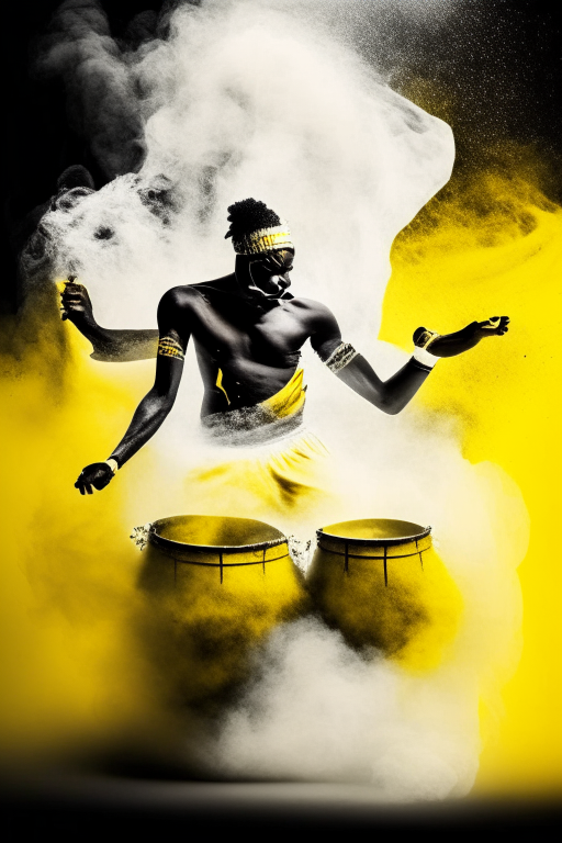 Create African drummer with white and yellow smoke. Africans dancing at the background. Abstract 