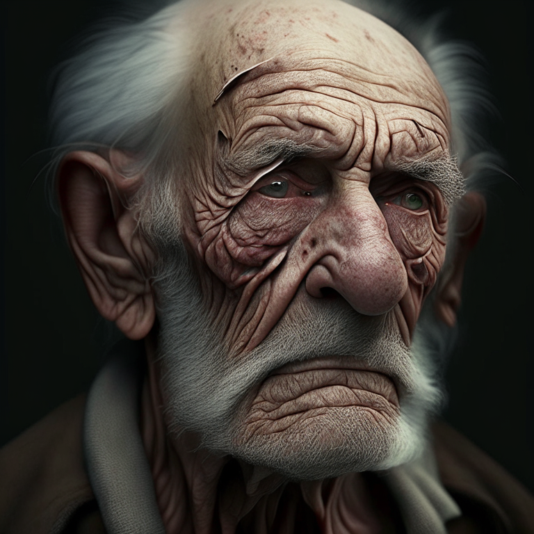 realistic looking old man who has scars