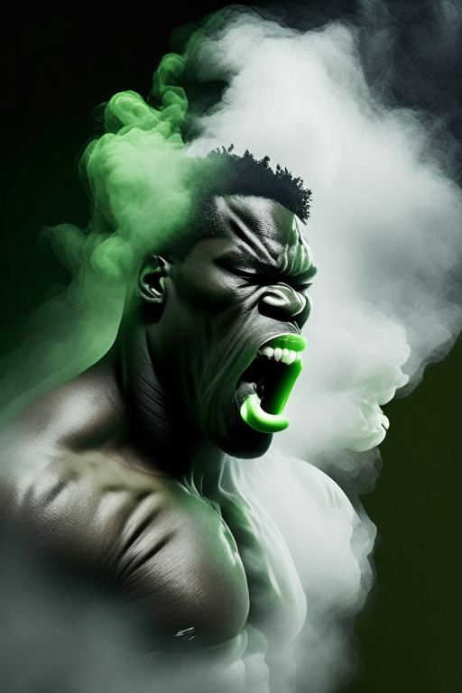 Create an African version of Incredible Hulk breathing visibly. White smoke