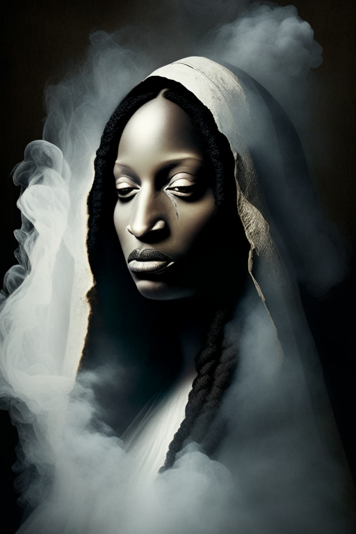 Create an African version of Mona Lisa with white smoke