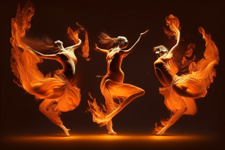 3 dancers dancing with fire, photorealistic, orange hue