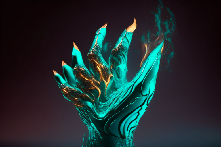 a teal coloured metallic futuristic hand in flame rising, photorealistic, 3d