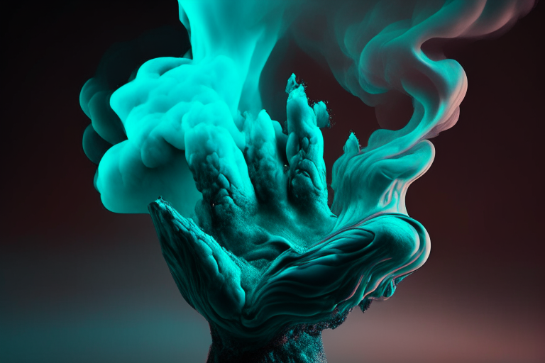 a teal coloured metallic futuristic hand filled in lava and smoke rising, photorealistic, 3d - but with a more subtle color palette. a teal coloured metallic futuristic hand filled in lava and smoke rising, photorealistic, 3d