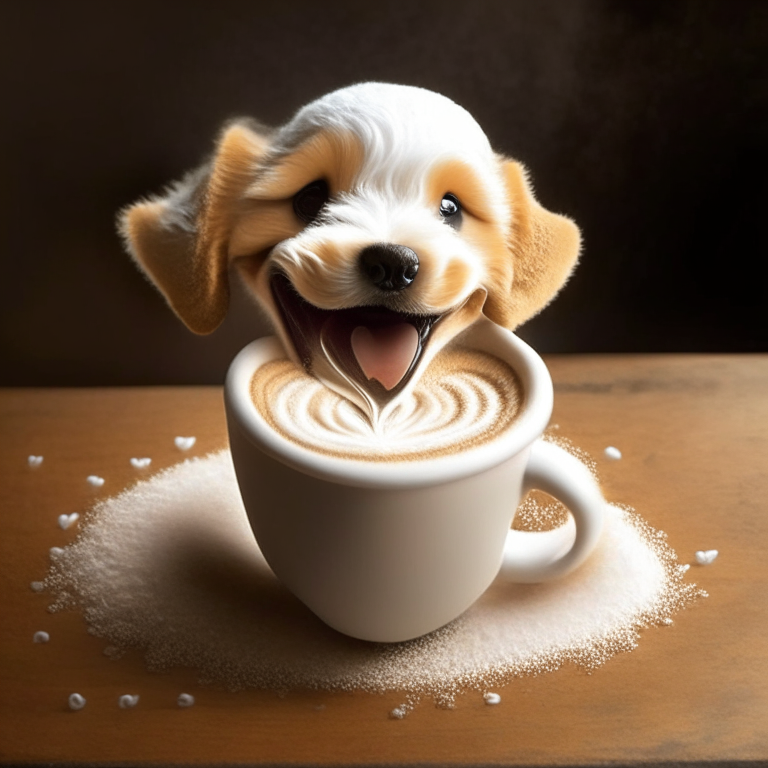 a happy puppy drinking a latte with heart-shaped foam art