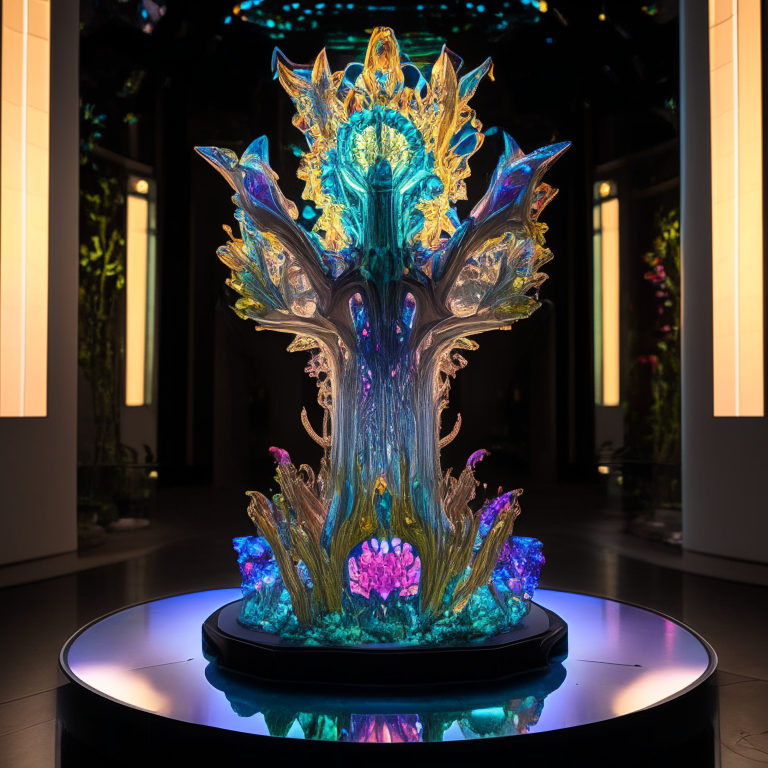 A glass-like alien floral monument is displayed in a museum-like setting, its intricate details and vibrant colors radiating from the pedestal’s futuristic light.