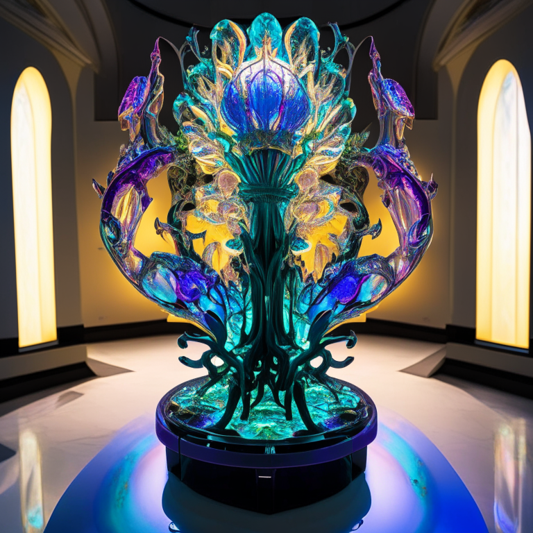 A glass-like alien floral monument is displayed in a museum-like setting, its intricate details and vibrant colors radiating from the pedestal’s futuristic light.