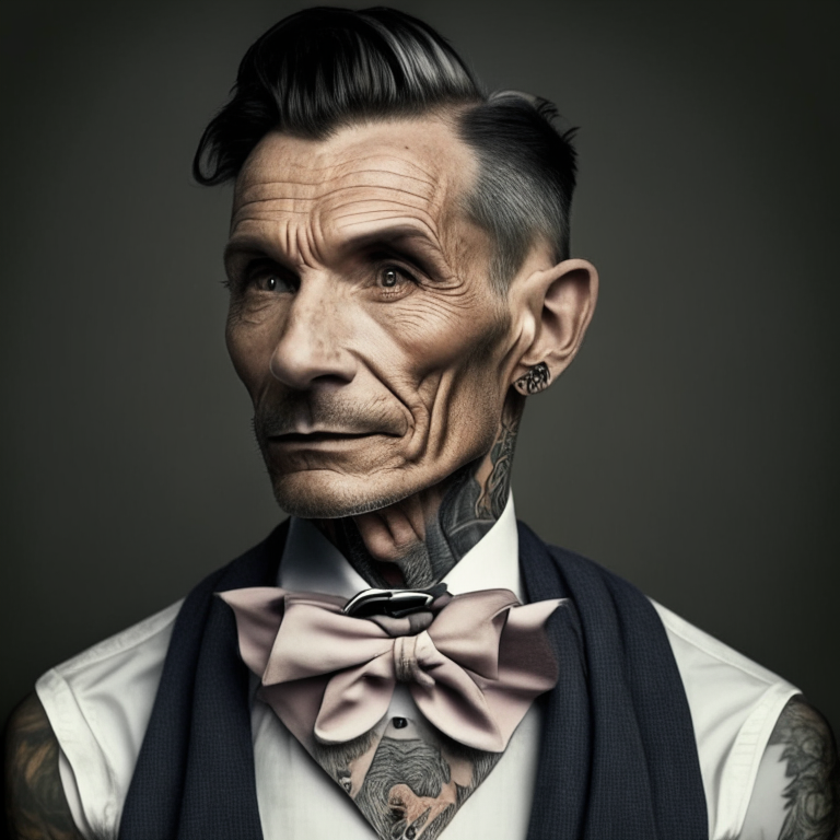 a man with a bowtie photo shoulder up with tattoos on his neck and mid 40s with wrinkles