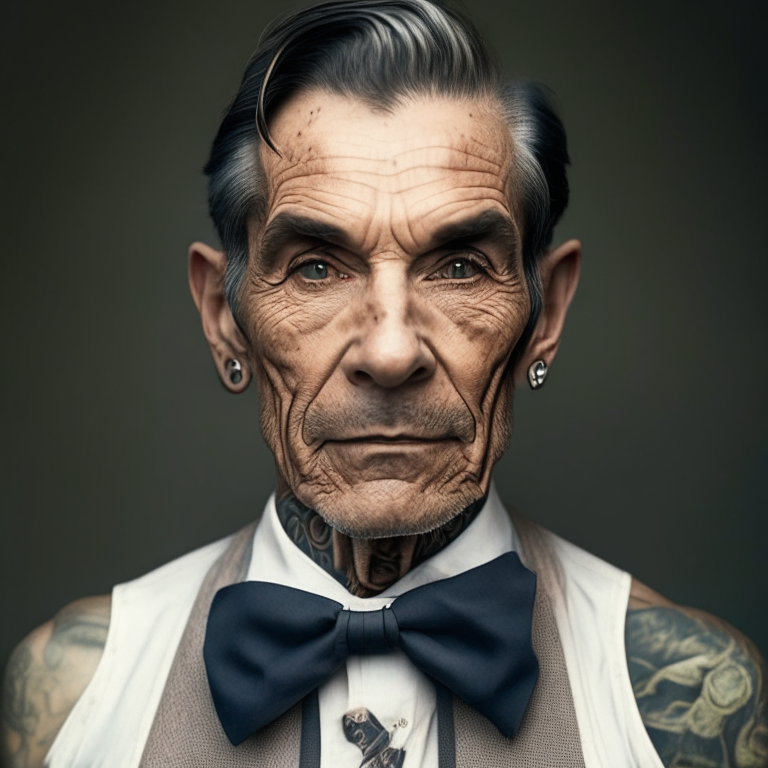 a man with a bowtie photo shoulder up with tattoos on his neck and mid 40s with wrinkles staring at the camera