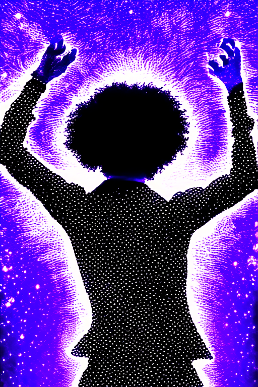 Man dancing with large Afro . Disco lights blinking at the background 