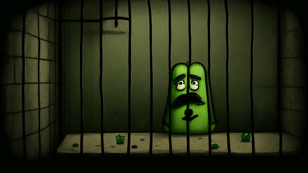 an anthropomorphic cucumber with the melancholic face of a mustached man seated at a table in a dimly-lit, depressing prison cell. The cucumber has a gloomy expression. The background is dark with dirty prison walls, one with bars on the window.