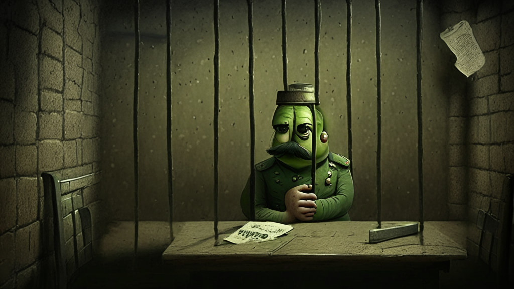 an anthropomorphic cucumber with the melancholic face of a mustached man in a military uniform seated at a table in a dimly-lit, depressing prison cell