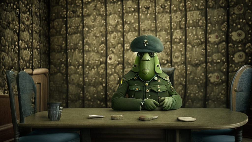 an anthropomorphic cucumber wearing a military uniform sitting at a table