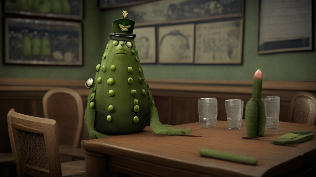 an anthropomorphic cucumber standing in a military uniform next to a table