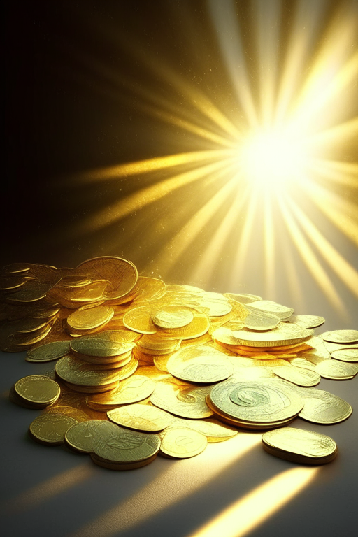 rays of white and golden light among money and gold coins