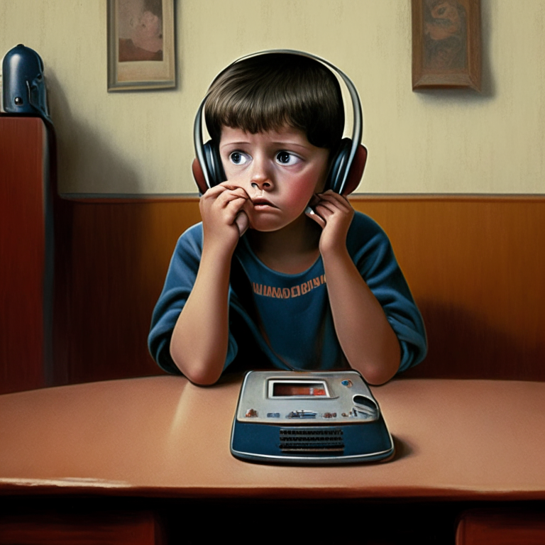 Describe an 8-year-old boy sitting by a landline phone, attentively listening to the conversation