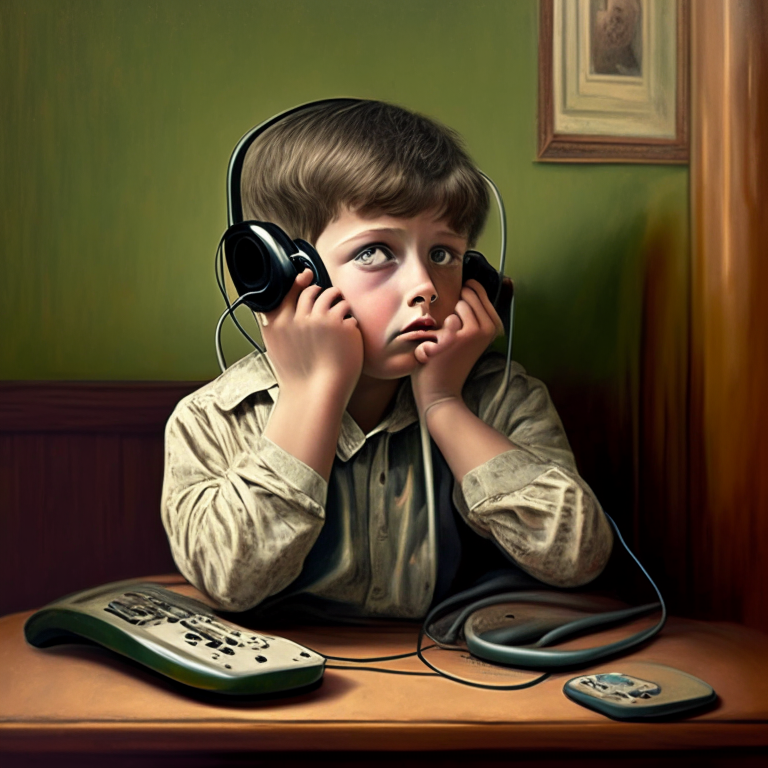 Describe an 8-year-old boy sitting by a landline phone, attentively listening to the conversation