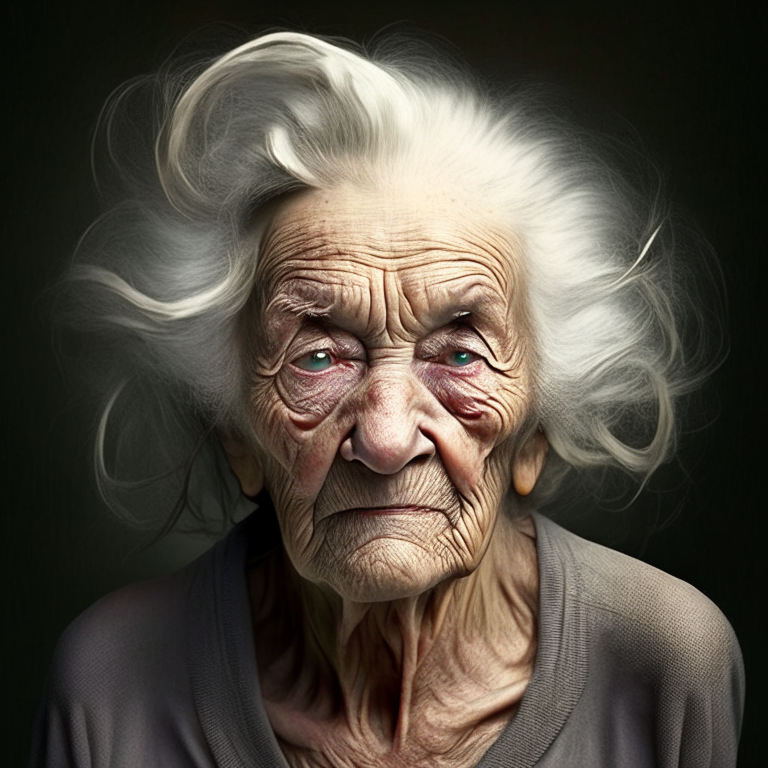 realistic looking old lady with wrinklyes shoulder length photo hair is messy 