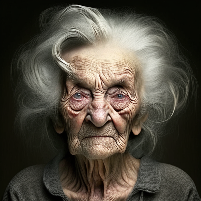 realistic looking old lady with wrinklyes shoulder length photo hair is messy in a photo format
 