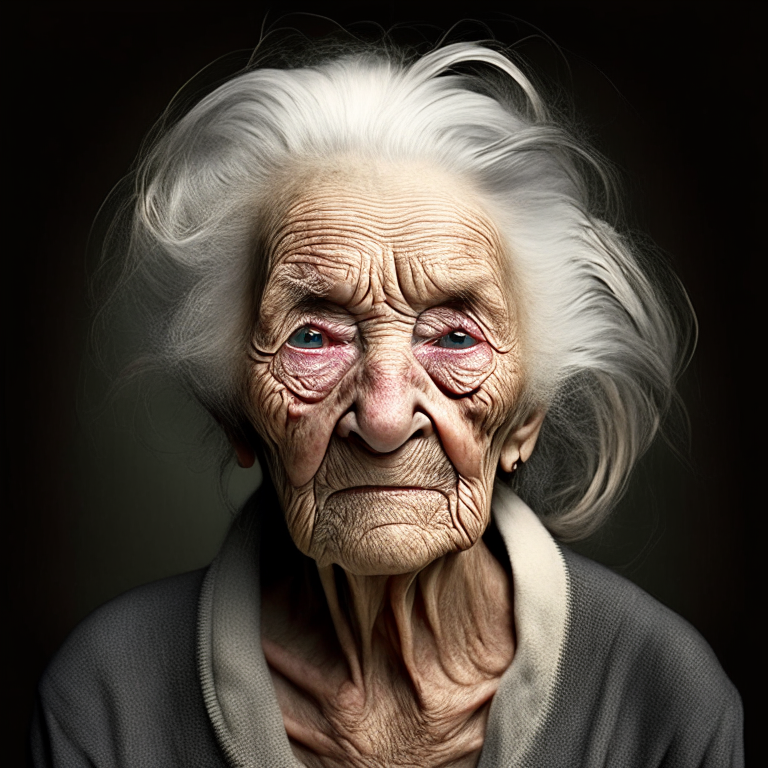 realistic looking old lady with wrinklyes shoulder length photo hair is messy in a photo format high quality
 