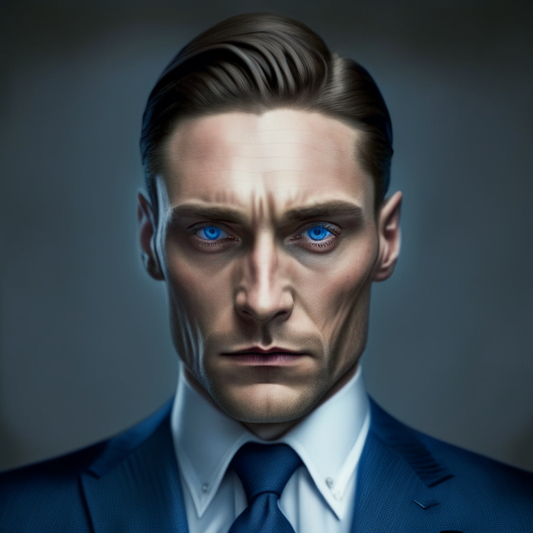 guy in thirties with a suit on wearing a tie a scar on his face blue eyes looks like a mafia realistic looking shoulder length photo staring at camera