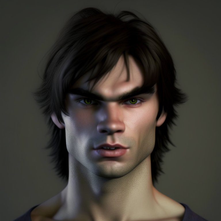 3d character that looks like damon from vampire diaries shoulder length photo staring int the camera