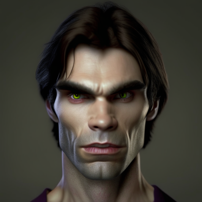 3d character that looks like damon from vampire diaries shoulder length photo staring int the camera with aged face transparent wrinkle high quality image