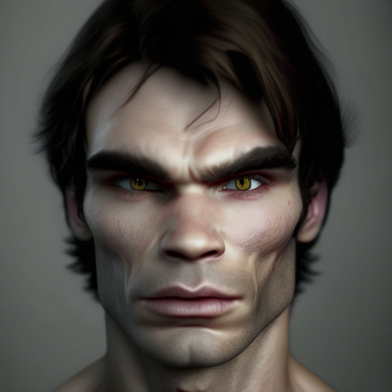 3d character that looks like Damon from vampire diaries shoulder lengthy photo staring int the camera with aged face transparent wrinkles high quality image scar in face real human skin realistic looking