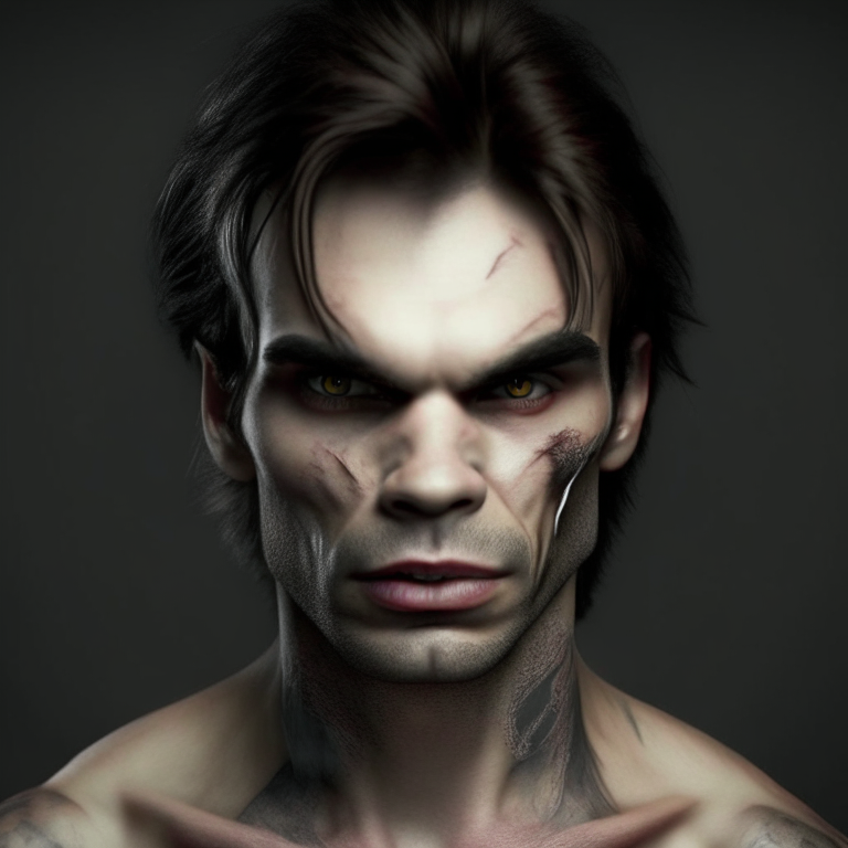 3d character that looks like Damon from vampire diaries shoulder lengthy photo staring int the camera with aged face transparent wrinkles high quality image scar in face real human skin realistic looking tattoos on the neck