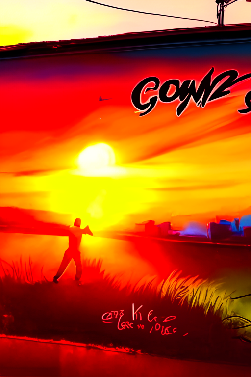 Graffiti of “GozieGreat” with artist painting on wall. Sunrise and sunset ongoing