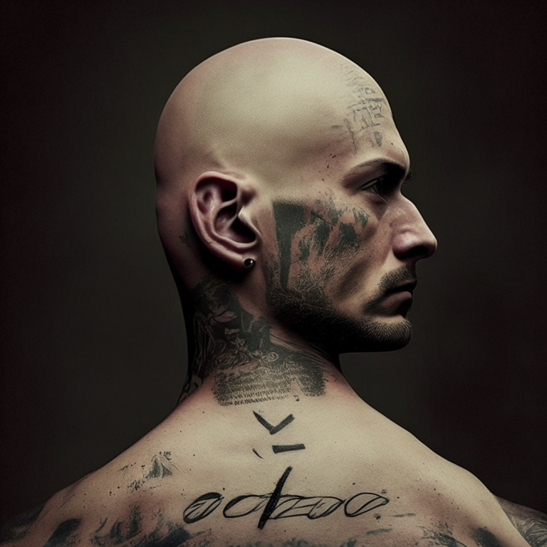 bald head guy with tattoos on his face shoulder up picture he has a scar and on his neck is written in a tattoo legacyza